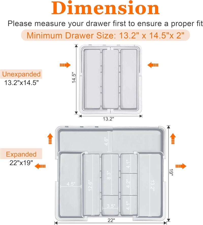 Spaclear Large Utensil Drawer Organizer Expandable Silverware Organizer for Kitchen Drawer Adjustable Cooking Utensil Holder Cutlery Flatware Tray Spatula Tools Gadgets Storage Dividers Plastic Grey - Image 4